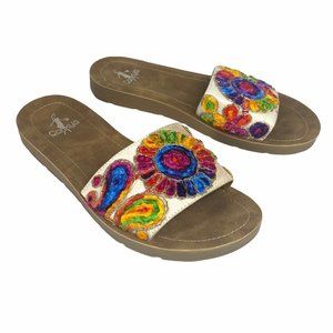 Corkys Womens White Pinwheel Rainbow Floral Slip On Slide Sandal - Size 9 Shoes